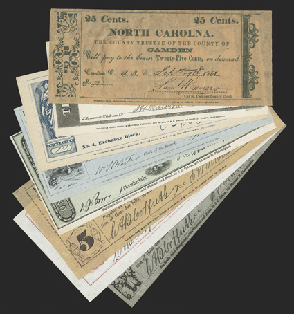 Grouping of Upham Shinplasters. [8] An interesting grouping of Rebel Shinplasters by famed Confederate counterfeiter S.C. Upham of Philadelphia. Catalog numbers reference
Counterfeit Confederate Currency by George Tremmel, a required re