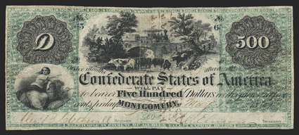 T-2. $500. 1861. Cr. 2, PF-1. No. 65. Plate A. America, portrait of young woman with wreath, as originally titled by NBN at left, but now called Ceres. The Crossing by James
Smillie at top center. Signed by Clitherall and Elmore. Fine, with