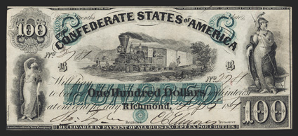 T-5. $100. 1861. Cr. 5, PF-1. No. 2781. Plate B. Justice standing at left. Hudson River Railroad scene at center. Minerva standing at right. This is the first type to be
printed from Richmond, with only 5,798 notes issued of this type. A lovely