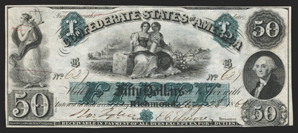 T-6. $50. 1861. Cr. 6, PF-1. No. 627. Plate B. Lovely allegorical representation of Justice, upper left. Agriculture and Industry seated on bale of cotton, center. Handsome
profile bust of Washington, right. VFEF, lower right corner is tri