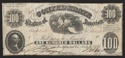 T-7. $100. 1861. Cr. 11, PF-4. No. 26081. Plate C. Washington, left Ceres and Proserpine flying, center. This variety has for printed before Treasr at lower right, and is
printed on thin paper. Ink burn is noted in the signatures at bottom