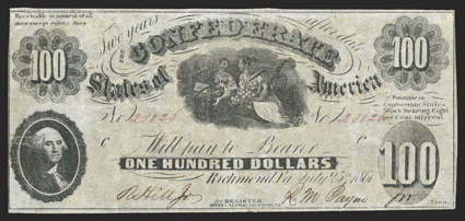 T-7. $100. 1861. Cr. 13, PF-6. No. 23826. Plate C. Washington in oval, left. Ceres and Proserpine flying, center. For is handwritten at lower right.  Printed on thin paper.
Fine+, trimmed along the left frameline.