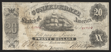 T-9. $20. 1861. Cr. 29A, PF-8. No. 85824. Plate Ccc. Fricke Plate Note. Large sailing vessel, center. Small XX for Treasr printed thin paper. This GVG example has been severed
at left and tape repaired, and is pictured on page 15