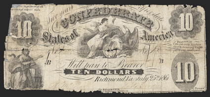T-10. $10. 1861. Criswell Unlisted, PF-5. No. 12055. Plate B. Commerce to the left Liberty and American Eagle with Shield, center. Redrawn For before Treasr at lower right,
which is very small on this plate. Printed on thick bond paper