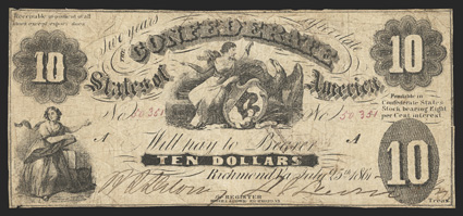 T-10. $10. 1861. Criswell 36A, PF-16. No. 50351. Plate A. Commerce to the left Liberty and American Eagle with Shield, center. Small 10 upper left for written by signer over
Treasr at lower right. Printed on thin paper. Fine, with two