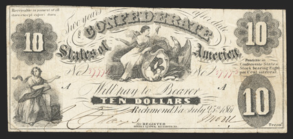 T-10. $10. 1861. Criswell Unlisted, PF-18. No. 37774  37773. Serial Mismatch. Plate A. Commerce, left. LIberty and American eagle with shield, center. Small 10 upper left. For
not written at lower right. Printed on thick bond paper. In