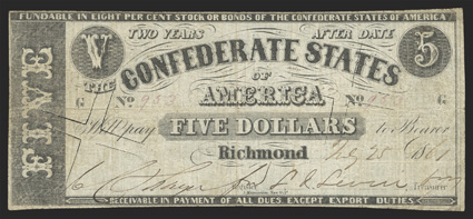 T-12. $5. 1861. Cr. 47, PF-1. No. 953, Plate G. Confederate States of America in blue on the back. It is commonly referred to as the Manouvrier note, so named after the printer
J. Manouvrier in New Orleans. The design was thought to be simp