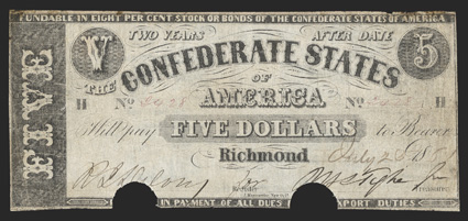 T-12. $5. 1861. Cr. 48, PF-1. No. 2428. Plate H. This is a very nicely framed Manouvrier note on the front with two half-moon cut out cancels at bottom. The blue back is more
along the lines of slate blue at this grade level, and is quite a