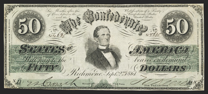 T-16. $50. 1861. Cr. 85, PF-13. No. 44635. Plate XA. Fricke Plate Note. Jefferson Davis, center. Imprint of Keatinge & Ball is printed at left below the Fundable statement.
Watermarked paper with CSA in block letters. This is plate note from