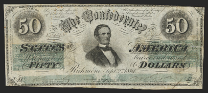 T-16. $50. 1861. Cr. 93, PF-16. No. 17446. Plate YA. 2nd Series. Jefferson Davis center. Engravers name below FUNDABLE at left margin. Printed on paper watermarked CSA in block
letters. Stamp hinges covering cut cancels and tear from right