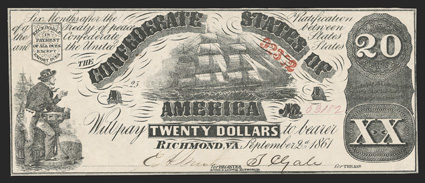 T-18. $20. 1861. Cr. 132. PF-28. No. 63128. Plate A25. Sailor by capstan, left. Large sailing vessel in the center. With red date stamp numbers. EF. A beautiful, fully framed
example.