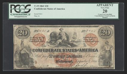 T-19. $10. 1861. Cr. 137, PF-1. Sep. 2, 1861. No. 3421, Plate A. Justice at left Agriculture and Industry seated on bale of cotton at center. Washington bust at right. This
PCGS Apparent Very Fine 20 example is cut cancelled with the cance
