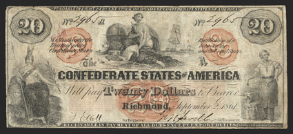 T-19. $20. 1861. Cr. 137, PF-1. No. 2965. Plate A. Minerva at left. Navigation seated by a globe and charts at center. Blacksmith at lower right. A lovely fully framed example
from the Southern Bank Note Company. An uncut VGF example with
