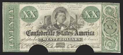 T-21. $20. 1861. Cr. 144, PF-1. No. 24039, Plate ?. Alexander Stephens at top center. Printed on plain paper with yellow-green tint. The plate letter was cut away with the half
moon cut out cancels. Fine, with two pinholes.