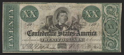 T-21. $20. 1861.  Cr. 145, PF-3.  No. 21558. Plate X. Alexander Stephens, with barrel, cotton bales, etc. in background at center. Printed on plain, thin bank paper, and is
uncancelled. Fine, with a stain at center on back, and some pinhole