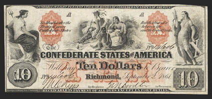 T-22. $10. 1861. Cr. 150, PF-1. No. 14606. Plate A. Thetis at left.  Indian Family at top center. Woman with X and ear of corn in hands, right. Another lovely example from the
Southern Bank Note Company with rich orange overprints. FVF.<