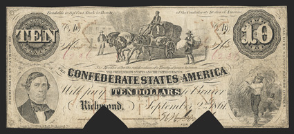 T-23. $10. 1861. Cr. 154, PF-2. No. 6236. Plate A1. John E. Ward, left. Wagon load of cotton in the center. The Corn Gatherer at right. VG, COC and only two
pinholes.