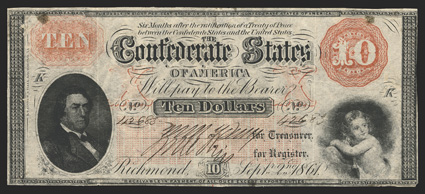 T-24. $10. 1861. Cr. 167, PF-10. No. 42683. Plate K. R.M.T. Hunter, left. Vignette of the Reverend Dr. Alfred L. Elwin as a child, right. Rarity-10 with printed on paper
countermarked with a large NY (darker than paper). One of the most viv