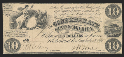 T-27. $10. 1861. Cr. 223, PF-2. Plate A10. Unreported Serial 85. Unreported serial number in the census. Liberty seated by shield and eagle. 1830s locomotive, right. This Hoyer
& Ludwig product is one of the keys to the entire series. Despit