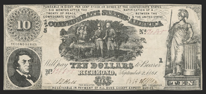 T-30. $10. 1861. Cr. 240, PF-4. No. 121805. Plate 5-1 Error. R.M.T. Hunter to the left. General Francis Marions Sweet Potato Dinner in the center. Plate position 1 - Plate
number error with 5 to the left. It is believed that less than 1,00