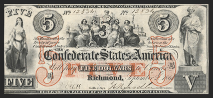 T-31. $5. 1861. Cr. 244, PF-1. No. 12834. Plate B. Minerva with capstan to the left. Commerce, Agriculture, Justice, Liberty and Industry in the center. George Washington
statue in Boston, right. Stunning color and having the initial appearance