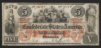 T-31. $5. 1861. Cr. 243, PF-1. No. 7058. Plate A. Minerva with capstan at left. The Five Females - Commerce, Agriculture, Justice, Liberty and Industry, center. George
Washington statue in Boston, right. A solid Fine example with a pinh