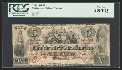 T-31. $5. 1861. Cr. 245, PF-2. No. 9269, Plate C. Minerva at left. Five Females - Commerce, Agriculture, Justice, Liberty and Industry at top center. George Washington statue
at right. This PCGS Very Fine 20PPQ example is from the rarer 
