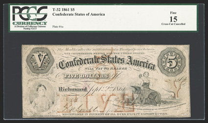 T-32. $5. 1861. Cr. 249, PF-2. Boy in oval at lower left. Blacksmith seated at right. The overprint on this PCGS Fine 15 example has held up quite well, as most seen at this
grade level have oxidized to a dark brown color. A nicely framed e