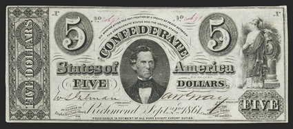 T-34. $5. 1861. Cr. 264, PF-3. No. 2691. Plate X. C. G. Memminger, center. Minerva, right.  Watermarked paper with CSA in script letters.  A fully framed EFAU example with a
single pinhole.