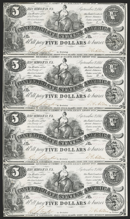 T-36. $5. Cr. 274, PF-2. Plate 9A - 12A. Sheet of Four.  No.127015. Sailor at left. Commerce seated on a bale of cotton in the center. VFEF with a paper separation between the
second and third notes at left.