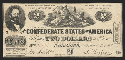 T-42. $2. 1862. Cr. 336A, PF-4. No. 43195. Plate 1-10 Error. Judah P. Benjamin, left. South striking down the Union in the center. To go along with the earlier T-30 Plate
Mismatch Error is this 110 Error, which is typically known as the most