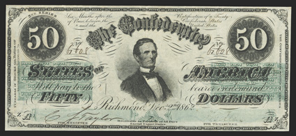 T-50. $50. 1862. Cr. 355, PF-9. No. 6608, Plate ZA. Jefferson Davis at center. Printed on watermarked paper with CSA in block letters surrounded by wavy line. Third Series.
Imprint of Keatinge & Ball printed below Fundable statement at left. 