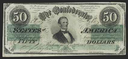 T-50. $50. 1862. Cr. 360, PF-13. No. 56117, Plate XA. As previous. 3d Series. Watermarked paper with CSA in block letters surrounded by wavy line. Two flourished below de in
Confederate at top. A beautiful Extremely Fine example wit