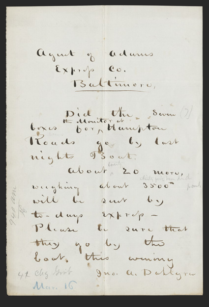 USS Monitor: [John A. Dahlgren] American naval officer, considered the father of modern naval ordnance (1809-70) during the Civil War, commanded the Washington Naval Yard and
the South Atlantic Blockading Squadron devised the powerful naval can
