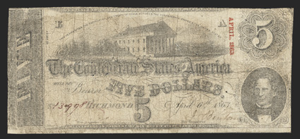 T-60. $5. 1861. Cr. 451A, PF-7. No. 130998. Plate E - A Error. State capitol in Richmond, Va., center. C.G. Memminger, right. Blue back with denomination. One of the toughest
mismatched plate letter varieties to acquire, as it is believed onl