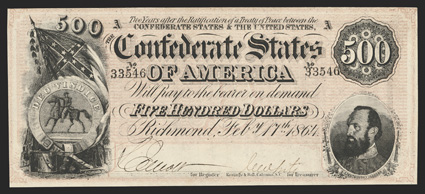 T-64. $500. 1864. Cr. 489, PF-2. No. 33546. Plate A. Confederate seal and battle flag to the left. General Thomas Stonewall Jackson, right. In Memoriam poem on reverse. We are
only aware of three examples presently. Choice Uncriculate