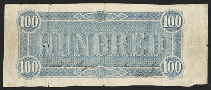 T-65. $100. Missing Third Printing. A certain rarity and most likely a unique example, as only $10 notes were known without the Third printing of the Face details, as the First
printing is of the back, and the Red or Pink Underprint on the face