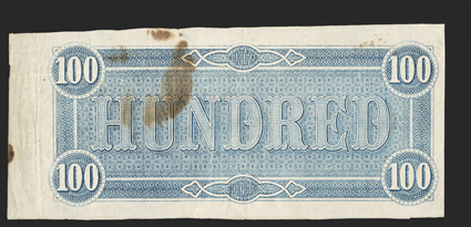 T-65. $100. Possibly Unique Blank Face Note. This is possibly a unique $100 Blank Face note, as we can only recall seeing and offering the T-68 $10 Blank Face notes, and have a
sheet of Blank Face Tens in this sale. This example was discovered