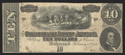 T-68. $10. Missing Plate Letter.  1864. Cr. 540A, PF-1. No. 75694. Plate G. Horses pulling cannon in the center. R.M.T. Hunter, right.  Missing right G plate letter - State
IIIG. Fine.