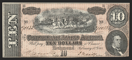 T-68. $10. 1864. Cr. 550, PF-38. No. 91035. Plate H. Horses pulling cannon in the center. R.M.T. Hunter to the right. Tough Yarboro House stamped reverse. Choice
Uncirculated.