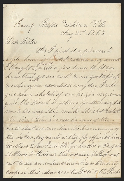 Peninsula Campaign: Union Soldiers Letter - Great content lengthy ALS by Elliott L. Dann of the 12th New York Infantry, Camp Before Yorktown, VA, May 2-5, 1862. He tells his
sister that the Secesh is getting pretty mad...They make the