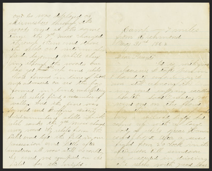 Hanover Court House: Berdans Sharpshooters Choice ALS by Richard B. Blodgett of Company G, 1st US (Berdans) Sharp Shooters, 6 pages, 8vo, Camp - 7 miles from Richmond, May 31,
1862. He tells his parents in Wisconsin, Last Tuesday 
