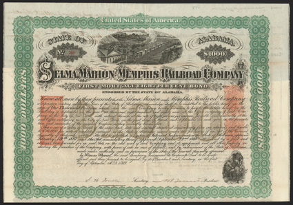 Selma, Marion and Memphis Railroad Company (AL), $1000 8% first mortgage bond, 1869, 768, signed twice by Nathan Bedford Forrest as president on recto and verso, train arrives
at station top, workers pick and tote cotton lower right, green w