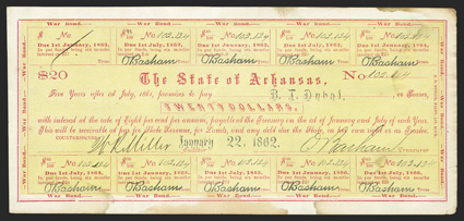 State of Arkansas, A group of nine small war bonds, October 1861-January 1862, in the amounts of $5 (2), $10 (4), and $20 (3). All are signed by treasurer O. Basham, with his
printed signature on coupons. Three with some coupons used. Condition r