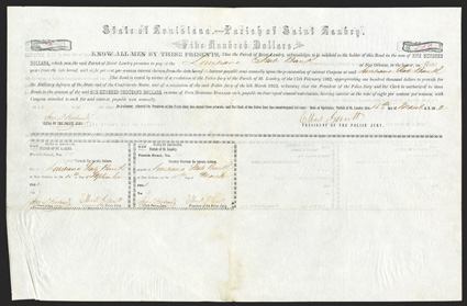 Parish of Saint Landry (LA), $500, March 18, 186(2), 34, payable at the Louisiana State Bank, to provide for the Millitary [sic] defences of the State and of the Confederate
States, printed on both sides, some creasing at left edge, dampst