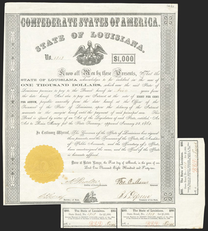 State of Louisiana (CSA), $1000 8% certificate of indebtedness, 1862, 1313, pelican feeds young at top and at bottom, ornate border, gold-colored seal, three coupons, a few
spots of foxing, otherwise VF+.