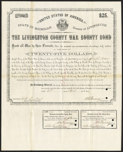 Livingston County War Bounty Bond, (MI), $25, 6%, Howell, MI, April 21, 186(4), 274, state seal at top, both coupons bottom, punch and pen canceled, toning and wear at folds
including small holes at intersections, but about VF+. The pres
