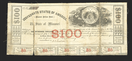 State of Missouri (CSA), $100 10% Missouri Defence Bond, January 1, 186(2), 55, coin with state arms rests on a pile of implements for farming and sailing with farm left, river
right, black with red $100 underprint, five coupons, pieces