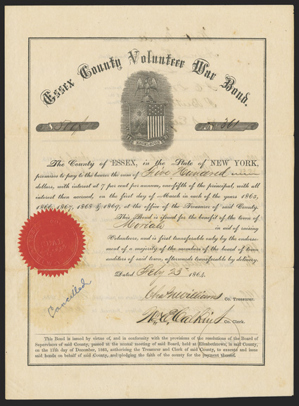 Essex County (NY), $500, 7% Volunteer War Bond, February 23, 1864, 361, eagle on shield with US flag and state seal design, red seal, pen canceled, fold wear including split in
seal, VF.