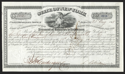 State of New York, $1000 7% loan to Provide for the Payment of Bounties to Volunteers, Albany, August 12, 186(5), 3218, Columbia with shield and eagle bearing lightning, pen
and several cut cancellations, folds, but sharp and VF. Fro